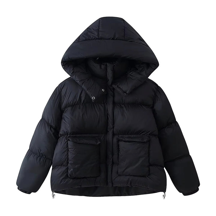 Damen nan oversized wattierte Kapuzen-Steppjacke mit großen aufgesetzten Klappentaschen Drune