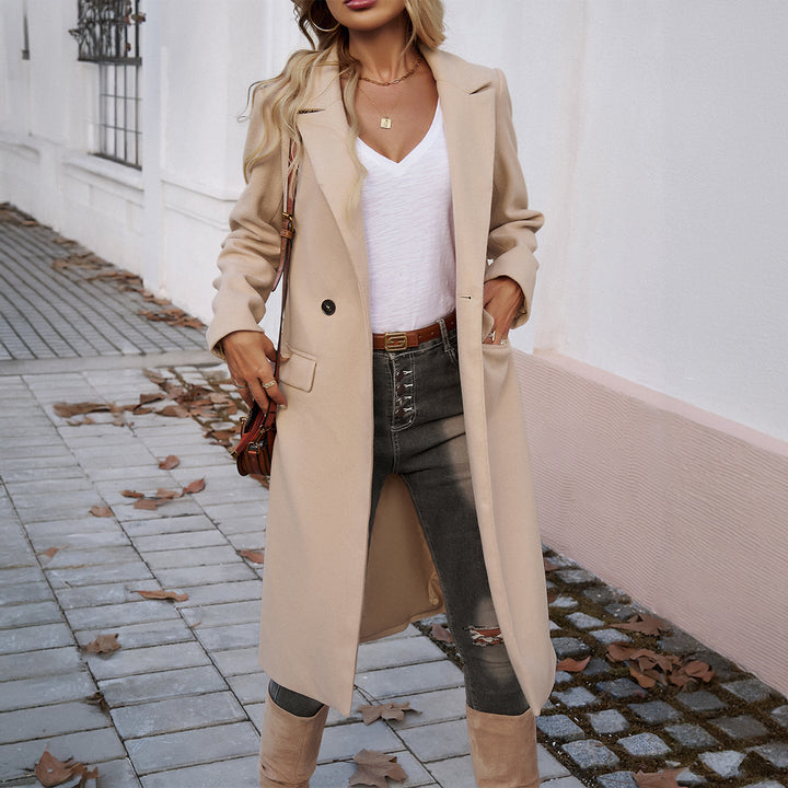 Damen nan eleganter Wollmix-Langmantel mit Reverskragen, taillierter Silhouette und verdeckter Knopfleiste Drune
