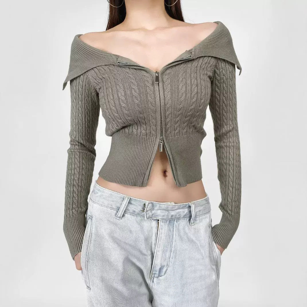 Damen modische Strickjacke mit weitem Kragen und Reißverschluss Drune