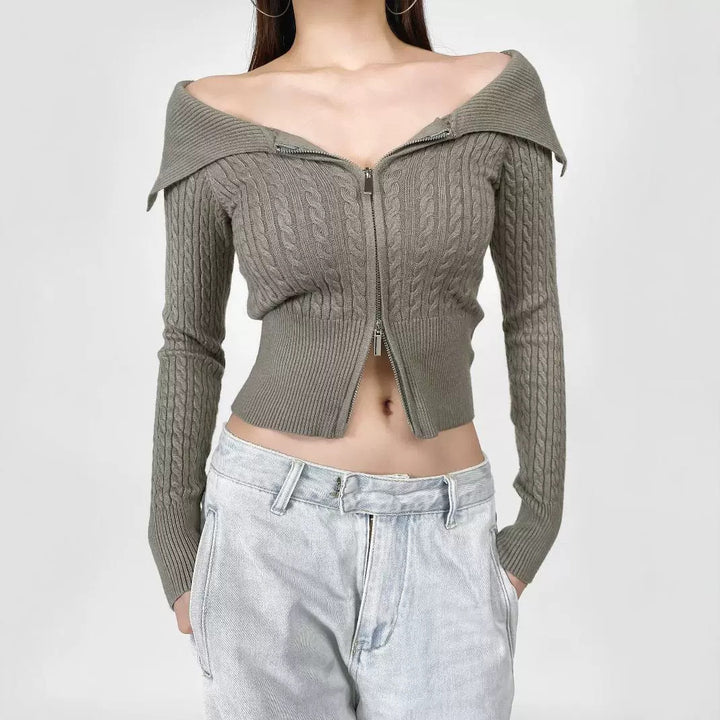 Damen modische Strickjacke mit weitem Kragen und Reißverschluss Drune