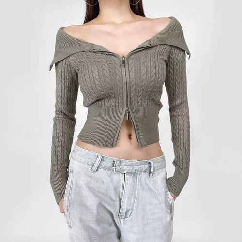 Damen modische Strickjacke mit weitem Kragen und Reißverschluss Drune