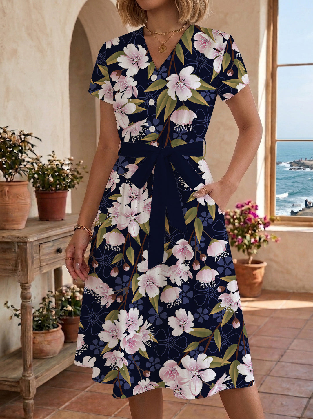 Damen Midikleid mit floralem Muster und Taillengürtel Drune