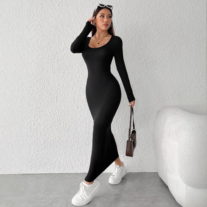 Damen figurbetontes langärmeliges Maxikleid mit tiefem Rundhalsausschnitt formendem Stretch-Jersey und knöchellanger Silhouette Drune