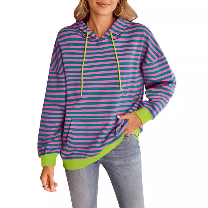 Damen gestreifter Kapuzenpullover mit stylischer Kängurutasche Drune
