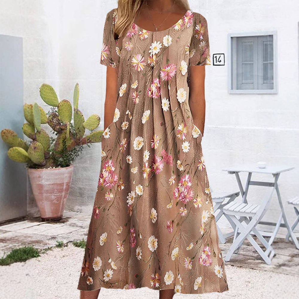 Damen nan Blumenswing-Midikleid mit Rundhalsausschnitt, Eingrifftaschen und strukturierter Crêpe-Qualität Drune