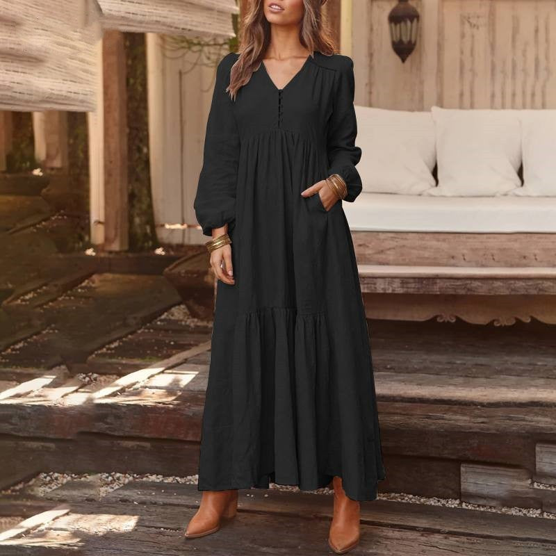 Damen nan luftiges Maxikleid mit V-Ausschnitt, Langarm und Eingrifftaschen Drune