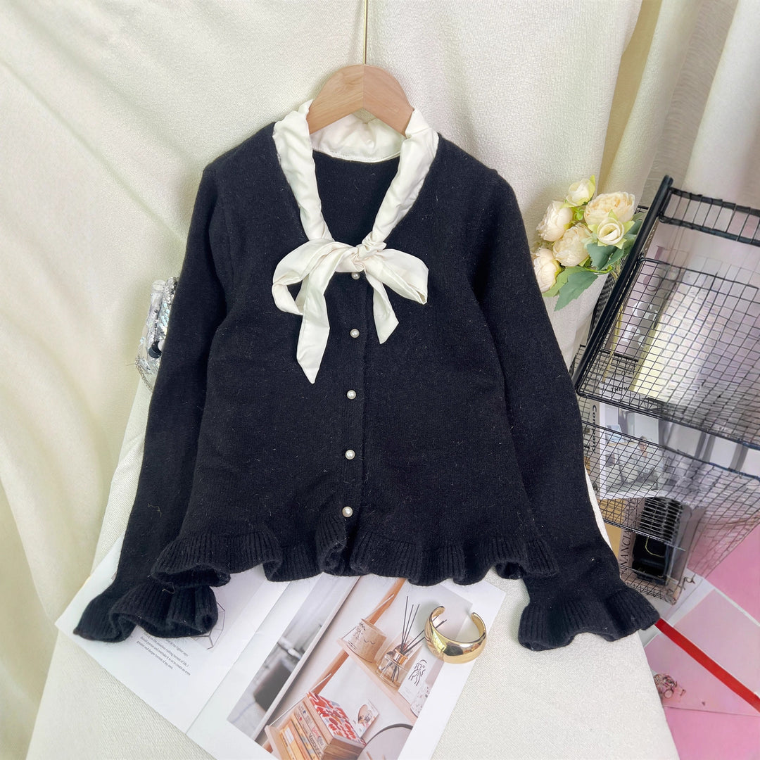 Damen elegante Strickjacke mit Rüschen und Schleifenkragen Drune