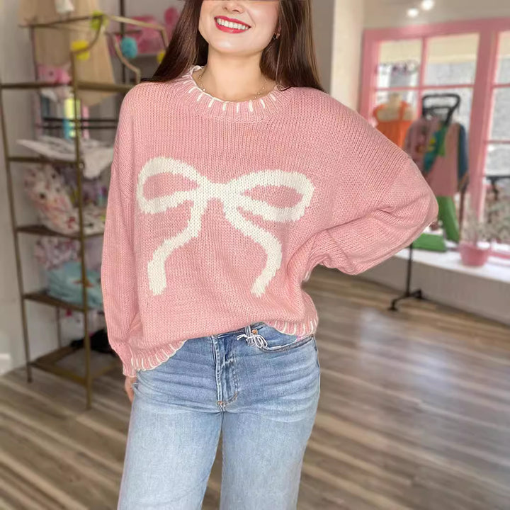 Damen lässiger Pullover mit kunstvollem Schleifenmuster Drune