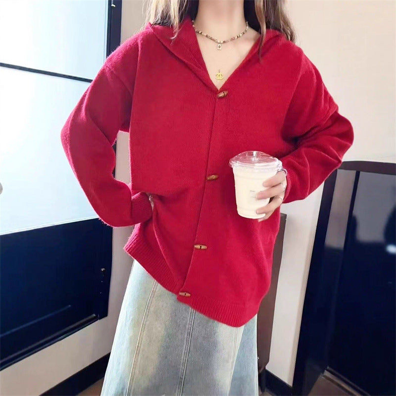 Damen stylische Strickjacke mit Kapuze und dekorativen Knöpfen Drune
