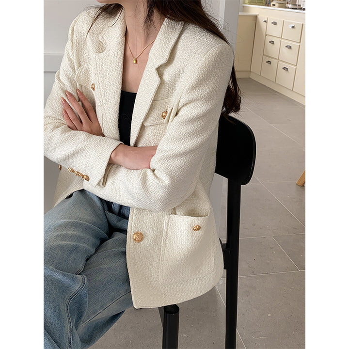 Damen moderne Boucle-Blazerjacke mit praktischen Taschen Drune