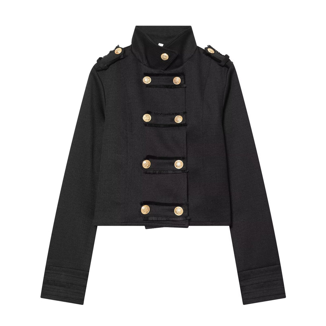 Damen Cropped Militärblazer mit Stehkragen, Epauletten und dekorativer Zierknopfleiste Drune