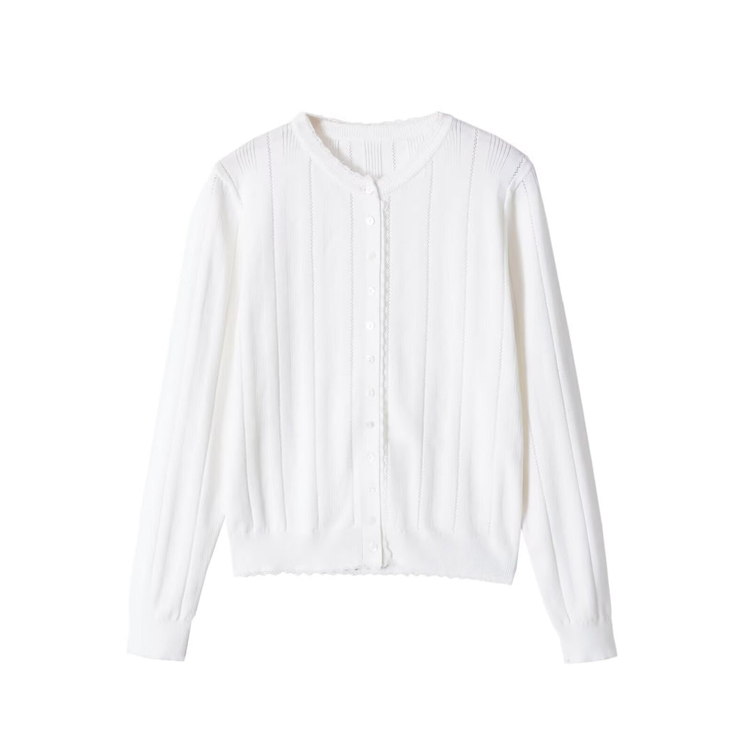 Damen Leichte Feinstrick-Cardigan mit Knopfleiste, Spitzenkante und Rippstruktur Drune