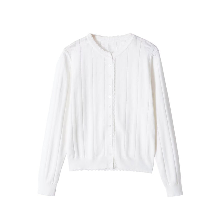 Damen Leichte Feinstrick-Cardigan mit Knopfleiste, Spitzenkante und Rippstruktur Drune