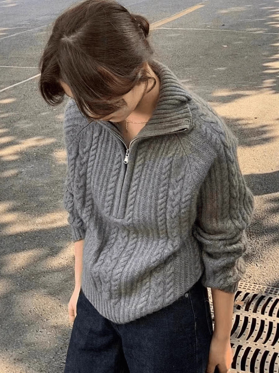 Damen Zopfstrick-Polokragenpullover mit Halbreißverschluss und weichem Mohair-Look Drune
