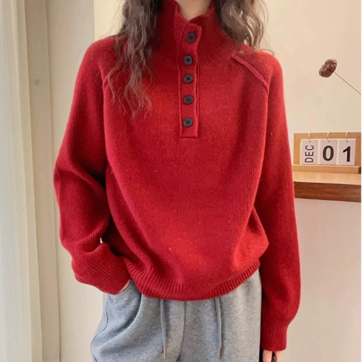Damen Grobstrickpullover mit hochstehenden Kragen und dekorativen Knöpfen Drune