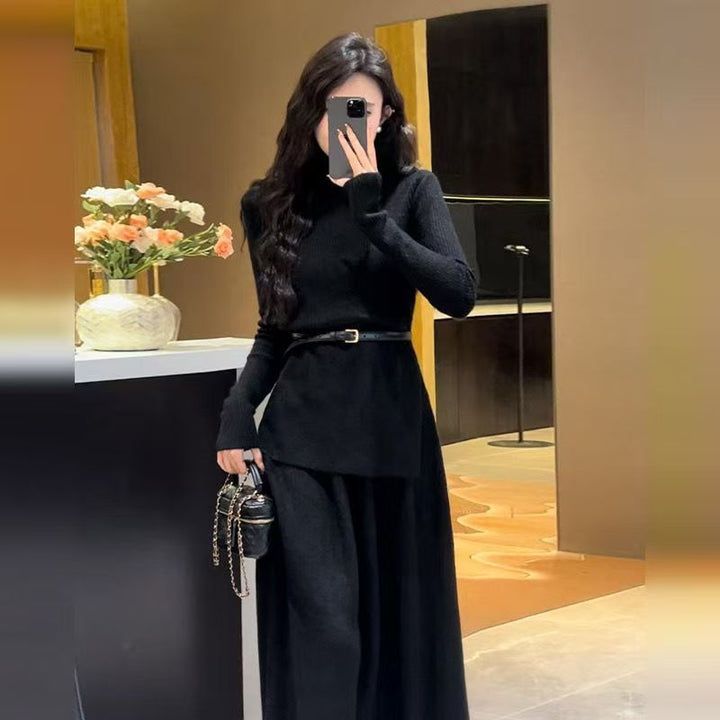 Damen Elegantes Strickkleid mit asymmetrischem Saum und Gürtel Drune