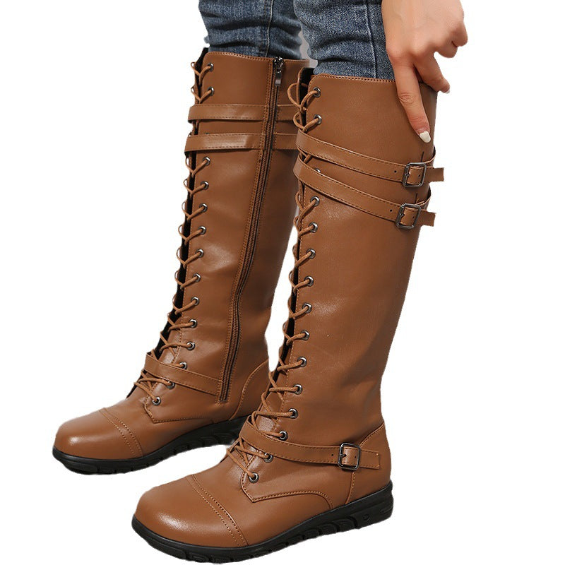 Damen Kniehohe Schnürstiefel im Military‑Look mit Doppelriemen und seitlichem Reißverschluss Drune