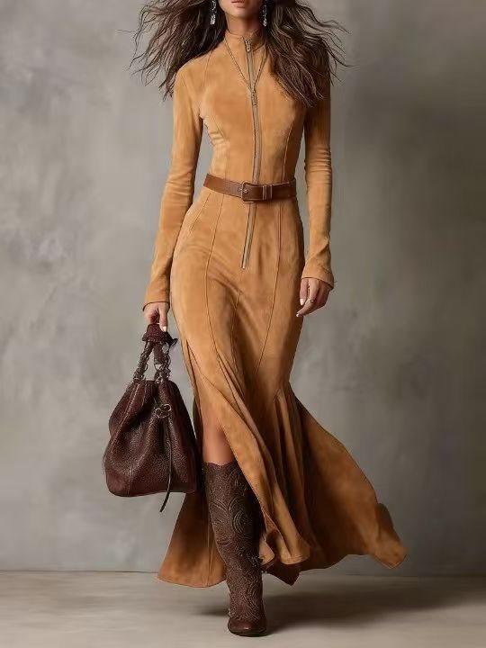 Damen Figurbetontes Midikleid aus Velourslederimitat mit Stehkragen und Zentralem Reißverschluss Drune