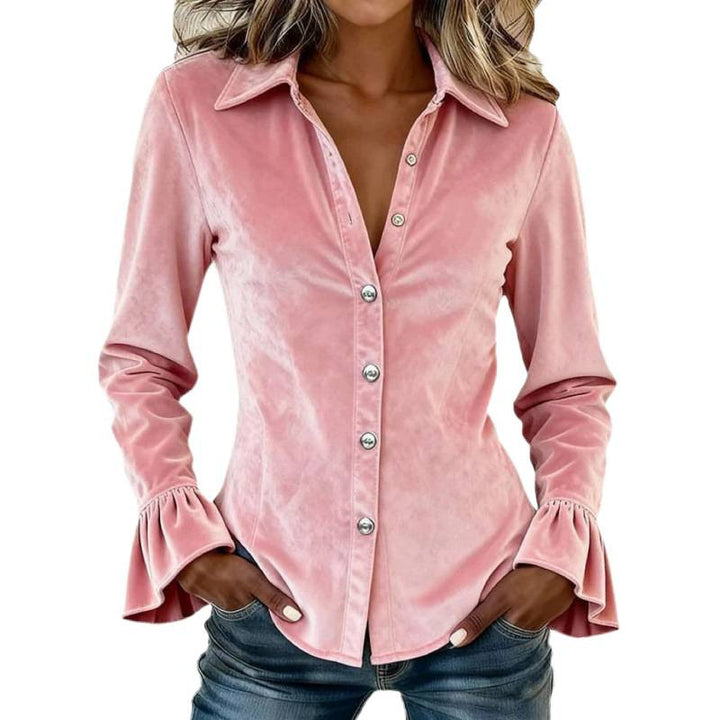 Damen Samt-Bluse mit tailliertem Schnitt, Reverskragen und Volantärmeln Drune
