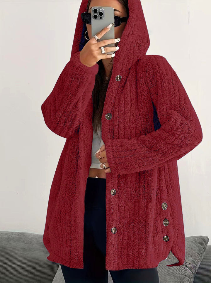 Damen Kuschelige Kapuzenjacke mit Knopfdetails Drune