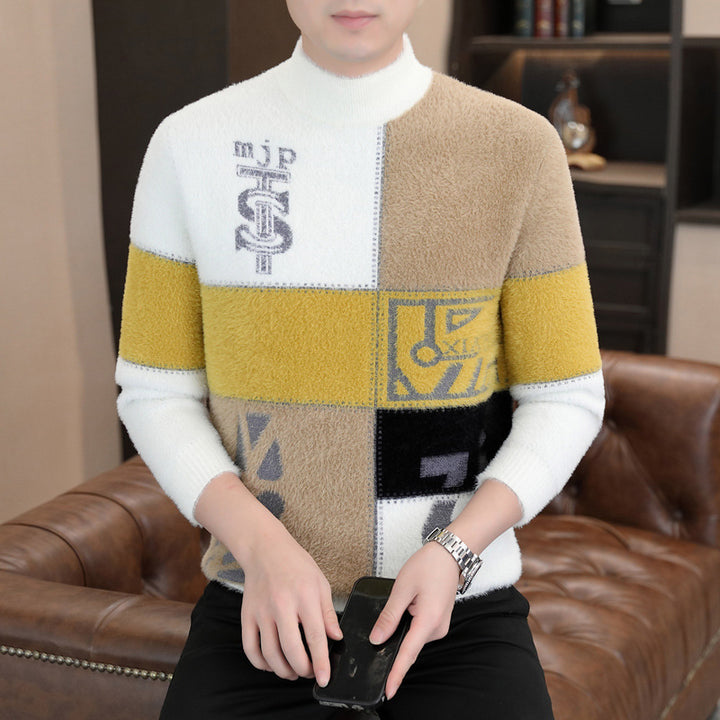 Herren Gemusterter Rollkragenpullover aus flauschigem Bouclé‑Mix mit Patch‑Intarsien Drune