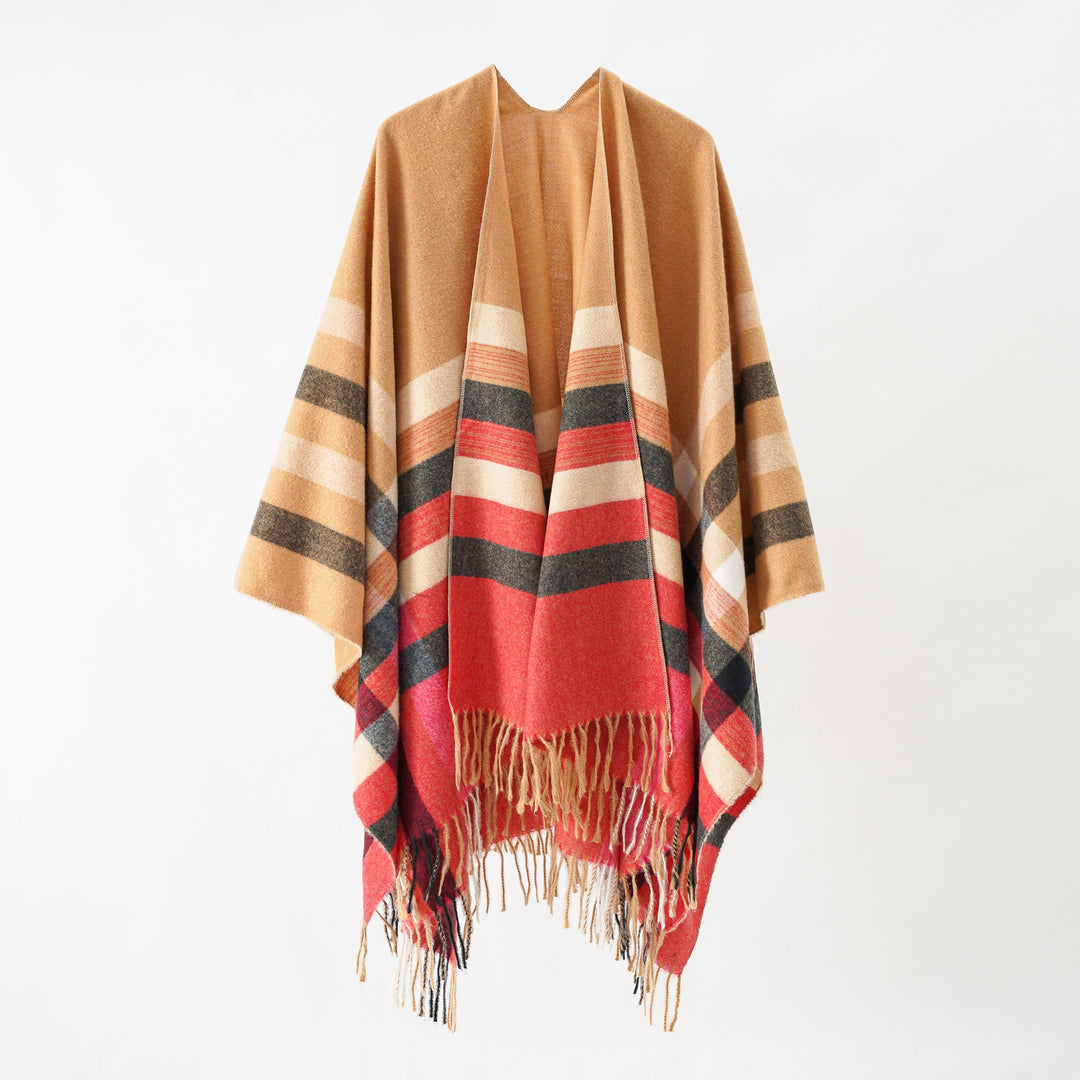 Damen Grobgewebte Cape‑Ruana im Oversize mit verlaufendem Karomuster und Fransensaum Drune