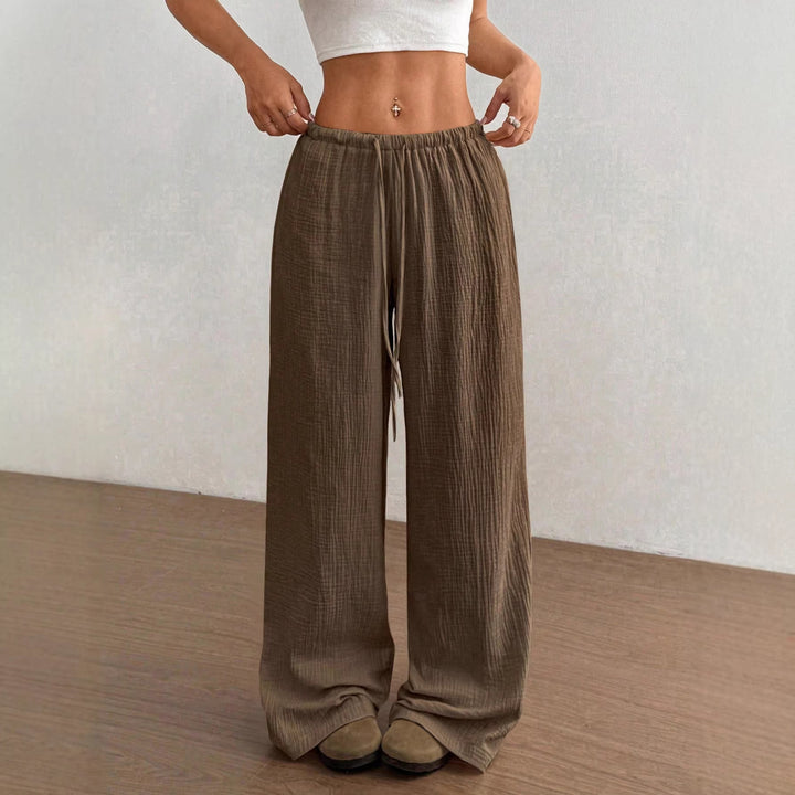 Damen Weite Baumwoll-Gauze-Hose mit hohem Bund, Gummizug und Kordelzug Drune