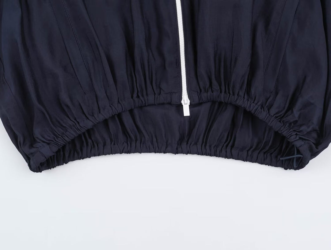 Damen Cropped Windbreaker-Jacke mit hohem Funnelkragen, Kontrastpaspel und elastischem Saum Drune