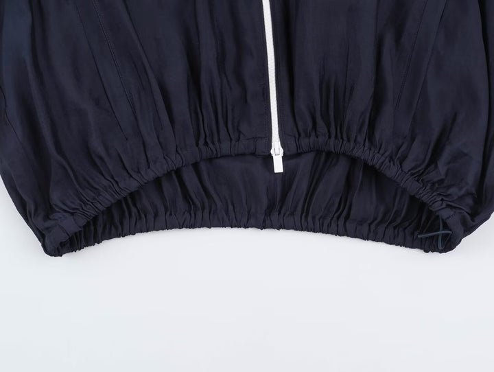 Damen Cropped Windbreaker-Jacke mit hohem Funnelkragen, Kontrastpaspel und elastischem Saum Drune