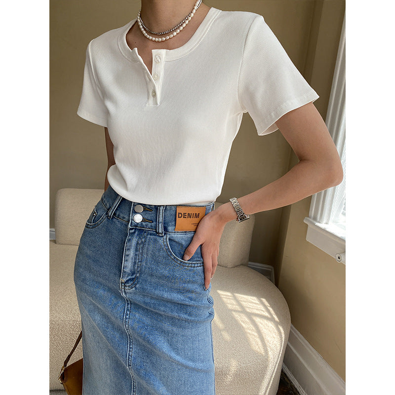 Damen Kurzarm Henley-T-Shirt mit Knopfleiste Drune
