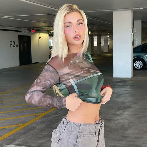 Damen Langarm Crop-Top mit transparenten Akzenten und grafischem Design Drune
