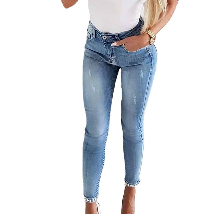 Damen Skinny Jeans mit Perlen- und Schleifendetails Drune