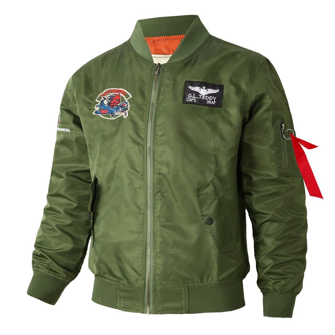 Men's  retro pilot-inspired flight jacket with embroidered crest, sleeve zipper utility pocket and contrast quilted lining Drune