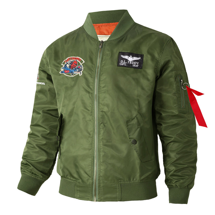 Men's  retro pilot-inspired flight jacket with embroidered crest, sleeve zipper utility pocket and contrast quilted lining Drune