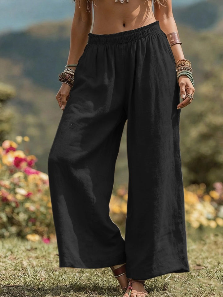Damen Weite Leinenoptik Palazzo‑Hose mit elastischem Bund und Taschen Drune