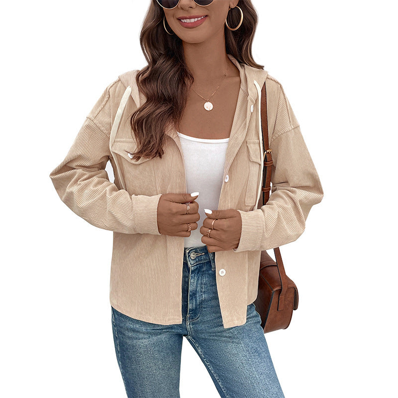 Damen Cordjacke mit Kapuze und Knopfdetails Drune
