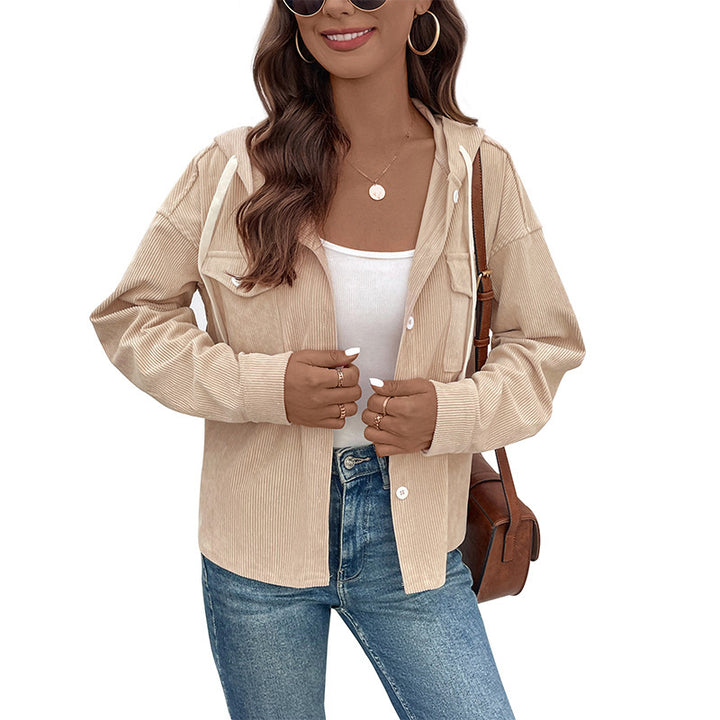 Damen Cordjacke mit Kapuze und Knopfdetails Drune