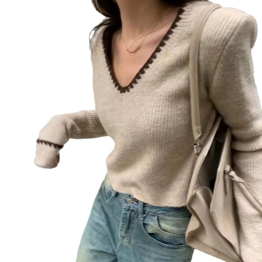 Damen V-Ausschnitt Strickpullover mit dekorativen Abschlüssen Drune