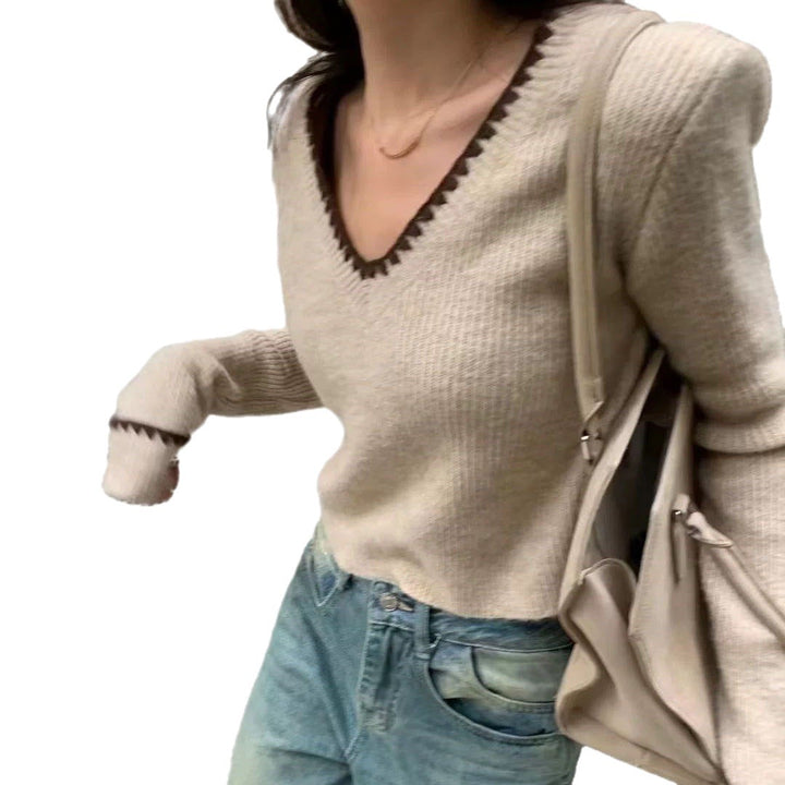 Damen V-Ausschnitt Strickpullover mit dekorativen Abschlüssen Drune