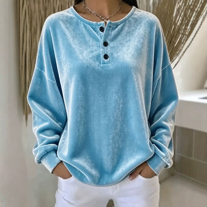 Damen Lässiges Oversize Samt-Henleyshirt mit Knopfleiste Drune