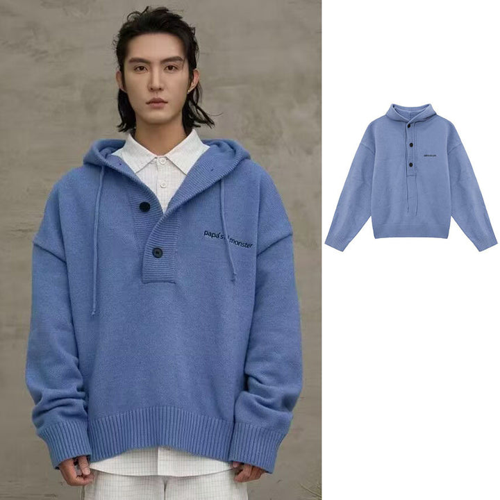 Herren Oversized Strickpullover mit Kapuze und Knopfleiste Drune