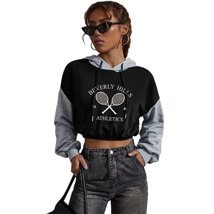 Damen Cropped Hoodie mit Kontrastärmeln, elastischem Saum und schmelzendem Smiley-Print Drune