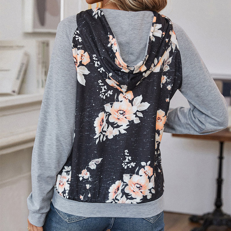 Damen Casual-Kapuzenpullover mit floralem Vintage-Print, Raglanärmeln und Kängurutasche Drune