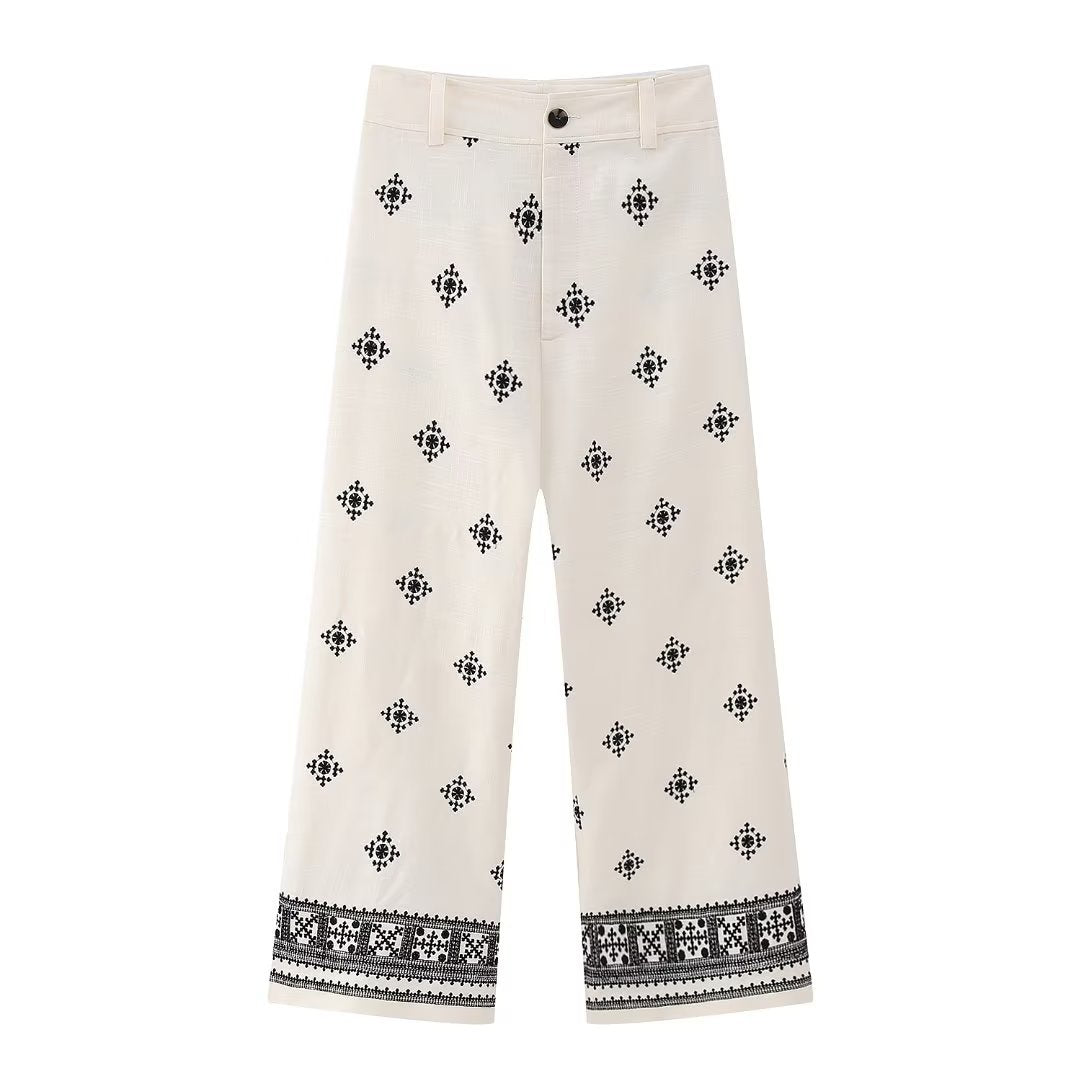 Damen Bestickte Culotte-Hose mit weitem Bein und Bordürenprint Drune