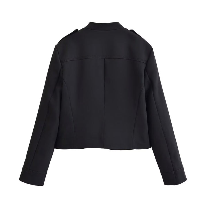 Damen Kurzblazer im Military-Look mit Stehkragen, Zierknopfreihe und Reißverschluss Drune