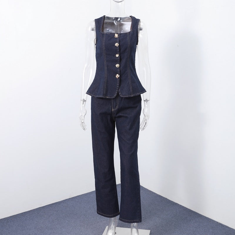 Damen Jeans-Overall mit taillierter Silhouette und eleganten Knopfdetal