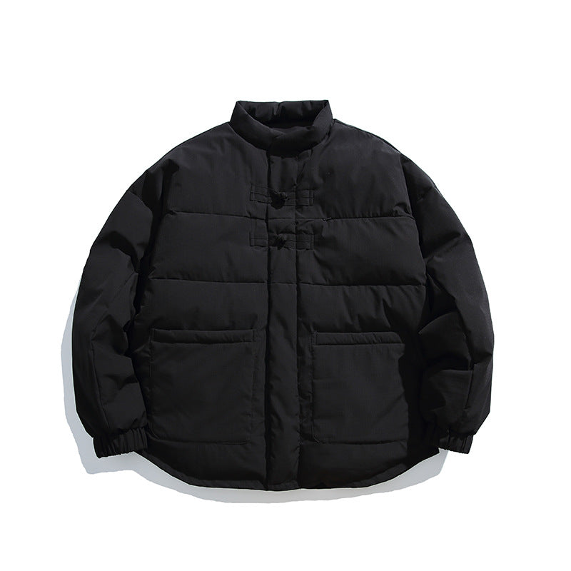 Unisex Boxy wattierte Stehkragenjacke mit chinesischen Knebelverschlüssen und großen Fronttaschen Drune
