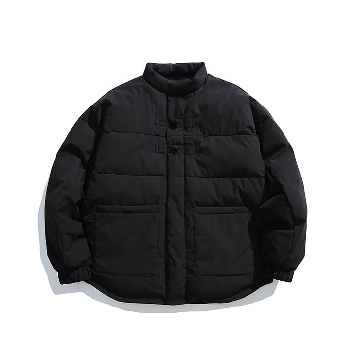 Unisex Boxy wattierte Stehkragenjacke mit chinesischen Knebelverschlüssen und großen Fronttaschen Drune
