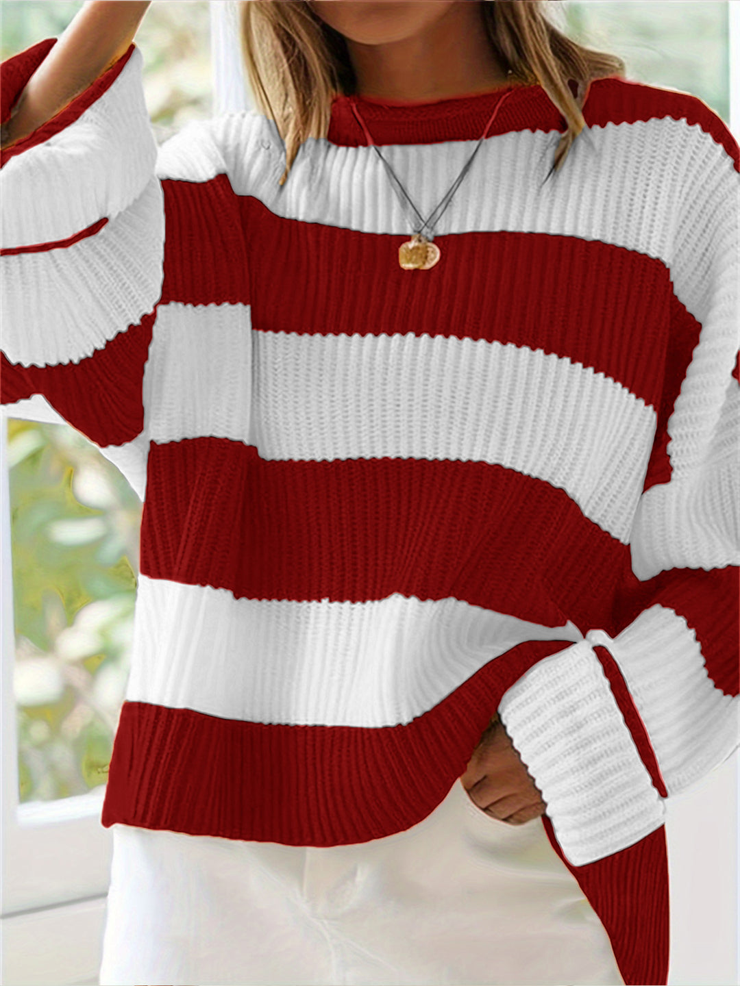 Damen lässiger Strickpullover mit breiten Streifen und lockerer Passform Drune