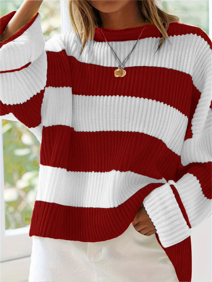 Damen lässiger Strickpullover mit breiten Streifen und lockerer Passform Drune